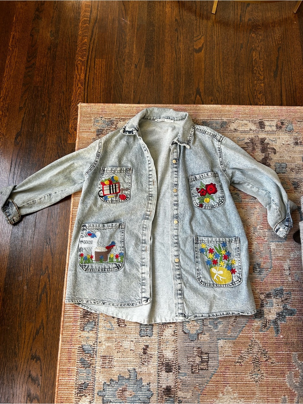 Denim Women's Embroidered Jacket - Light Blue with Colorful Pockets - Picture 1 of 9